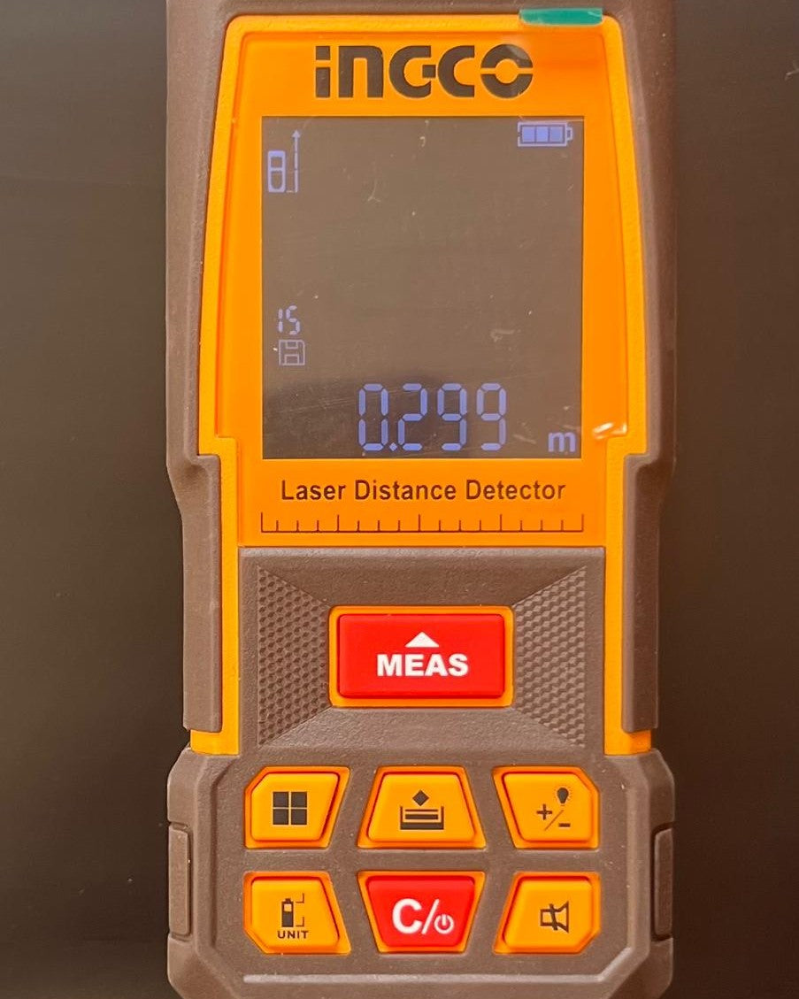 INGCO laser distance meter measuring room length with 70 metre range and plus or minus 2mm accuracy