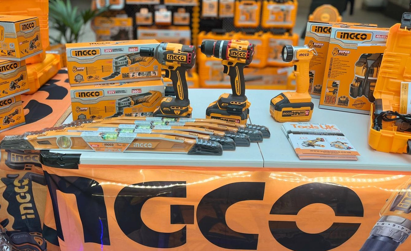 Ingco power tools on display with packaging in a store setting